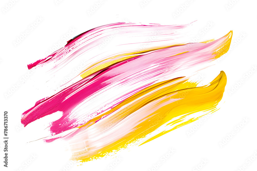 Abstract pink and yellow paint strokes on transparent background.