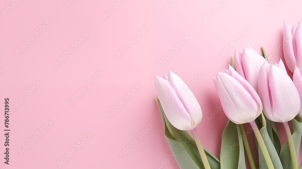 Gentle Pink Tulips Laid on a Soft Pink Background Displaying the Essence of Spring