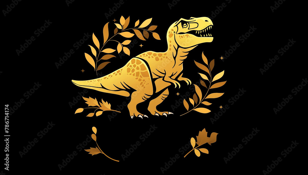 Fototapeta premium Gold T-Rex Logo Surrounded by Laurels on a Black Background