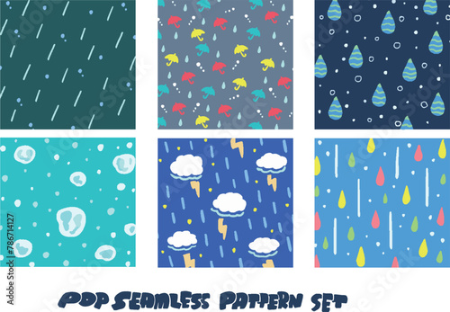 雨　梅雨のポップな手描き風模様、パターンのイラストセット	