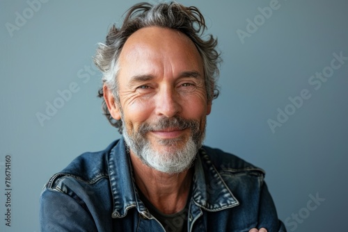 Portrait of a happy senior man smiling at the camera while standing against grey background