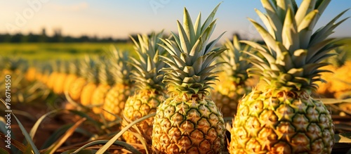 Ripe pineapple fruit ready to be harvested in the agricultural field © MBRAMO