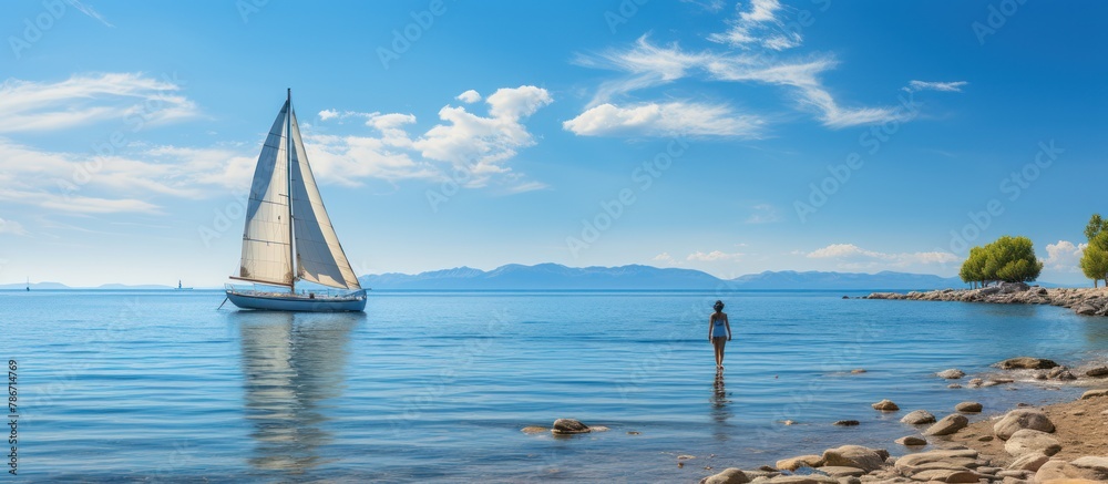 Obraz premium Sailboat Sailing in the middle of the sea isolated bluish clear sky