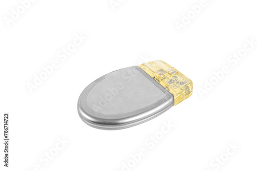 Pacemaker isolated on a white background. Heart battery. Close-up of cardiac pacemaker on electrocardiography. High angle view of an CRT-P device and and an ICD device. photo