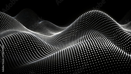 Black and white abstract wave pattern with halftone dots and curved elements on a textured backdrop