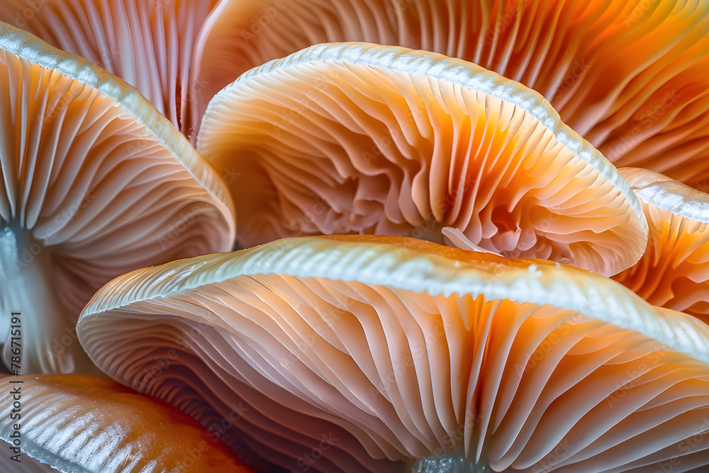 Closeup of colorful mushroom lamellae, magic mushroom, macro view. Decorative, psychic background and design pattern, wallpaper, poster. Closeup of colorful mushroom lamellae, magic mushroom, macro view. Decorative, psychic background and design pattern, wallpaper, poster.