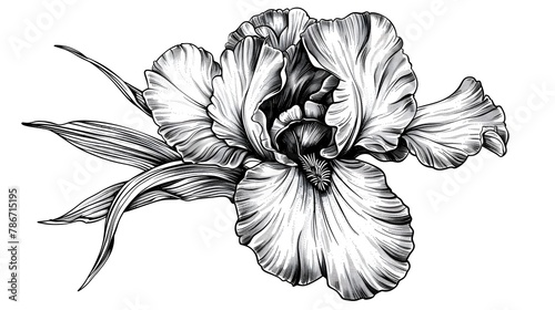 Vector Iris floral botanical flower. Black and white engraved ink art. Isolated iris illustration element.