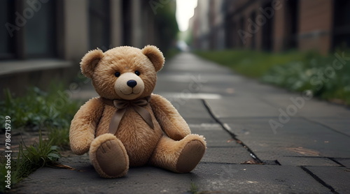 Teddy bear children toy in the streets of war town