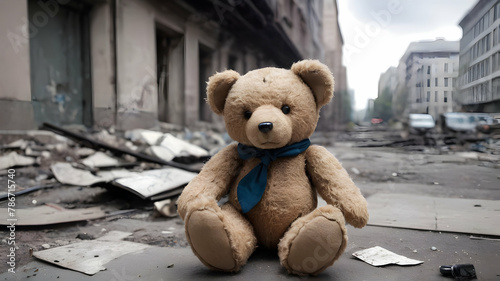 Teddy bear children toy in the streets of war town