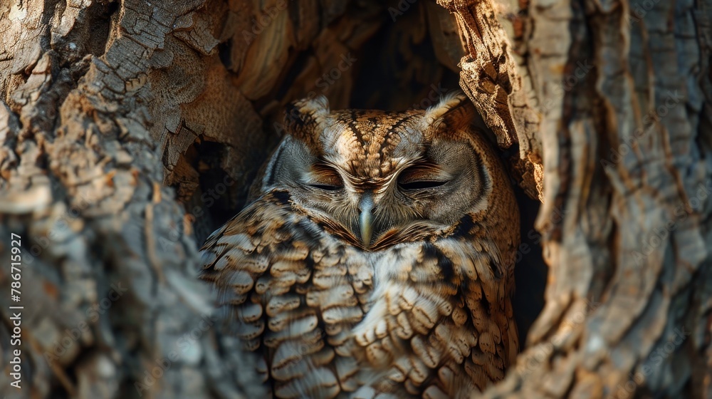 Camouflaged Owl Resting in Tree Hollow Camouflaged Owl Resting in Tree Hollow