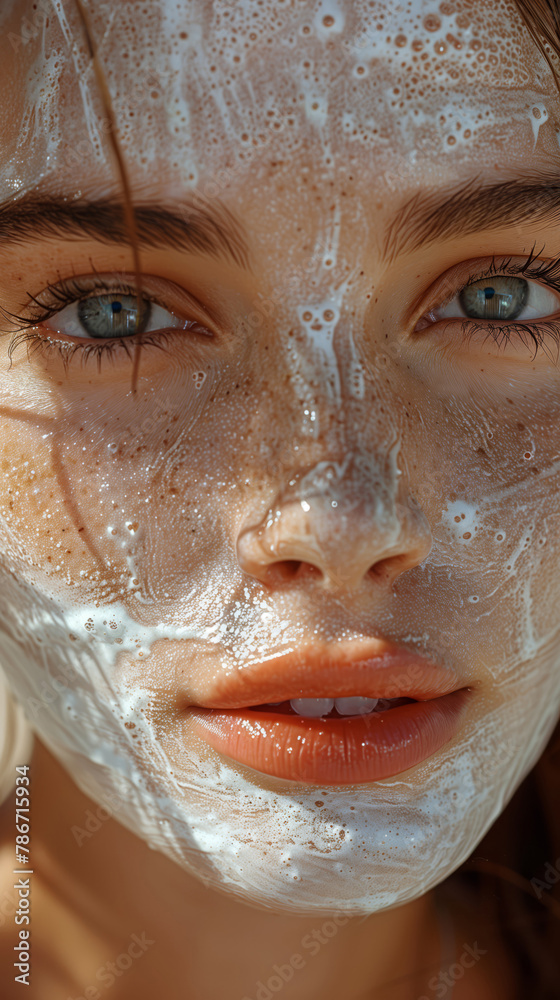 Radiant Face Covered In Soft Foamy Mask, Highlighting Pure, Tranquil Beauty, Close-Up Radiant Face Covered In Soft Foamy Mask, Highlighting Pure, Tranquil Beauty, Close-Up