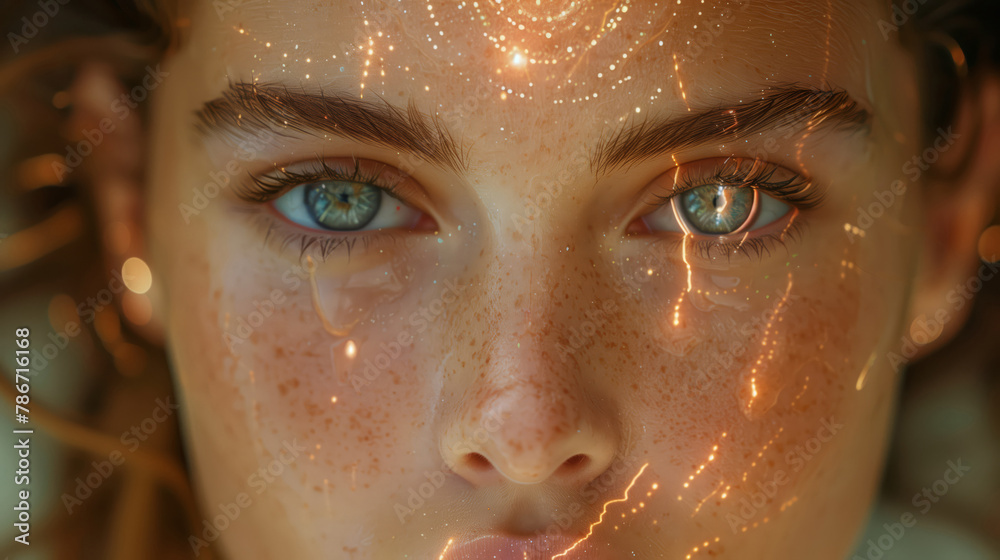 The Ethereal Beauty Of A Young Woman's Face Illuminated By A Cascade Of Dazzling Light And Sparkles