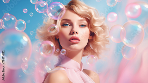 Close up airy portrait of pretty blonde model, girl with iridescent shiny soap bubbles floating, flying around. Pastel colors, pink peach fuzz. Concept of lightness, beauty, skin care, joy, elegance © Nata