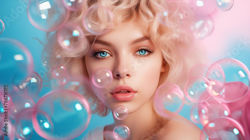 Close up airy portrait of pretty blonde model, girl with iridescent shiny soap bubbles floating, flying around. Pastel colors, pink peach fuzz. Concept of lightness, beauty, skin care, joy, elegance