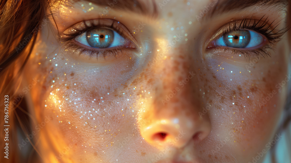 Serenity Captured In A Young Woman's Gaze, Blue Eyes Shimmering Among Golden Specks Of Light Serenity Captured In A Young Woman's Gaze, Blue Eyes Shimmering Among Golden Specks Of Light