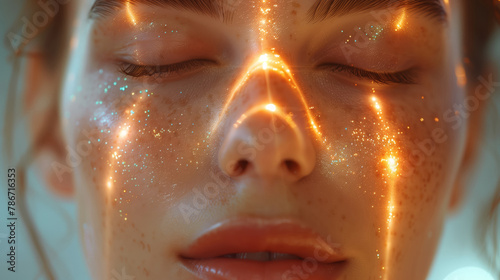 An Ethereal Interplay Of Light And Shadow Dances Across The Tranquil Face Of A Freckled Woman