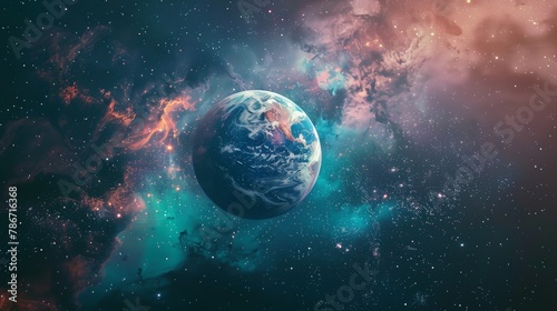 Earth in space futuristic background. Space nebula wallpaper with blue, red and green colors
