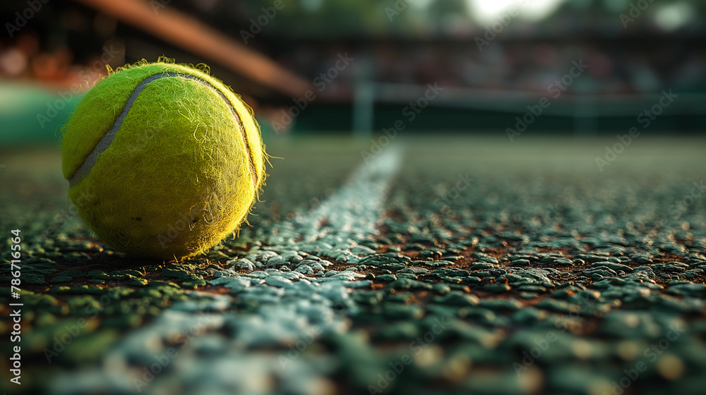 A tennis ball on the side of the line of a court inside a stadium