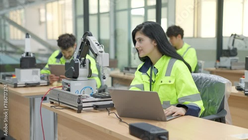 Group of multiethnic engineer researching and developing a robotics arm in scientific technology laboratory. Technician examining Industrial robot machine. Automated and manufacturing factory concepts