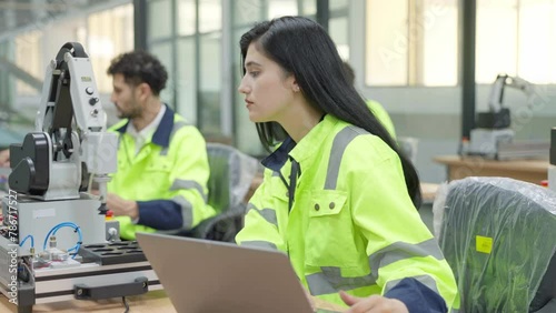 Group of multiethnic engineer researching and developing a robotics arm in scientific technology laboratory. Technician examining Industrial robot machine. Automated and manufacturing factory concepts