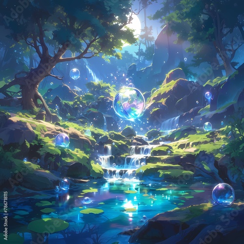 Captivating Mystical Woodland Scene at Dusk with Bubbles and Waterfall