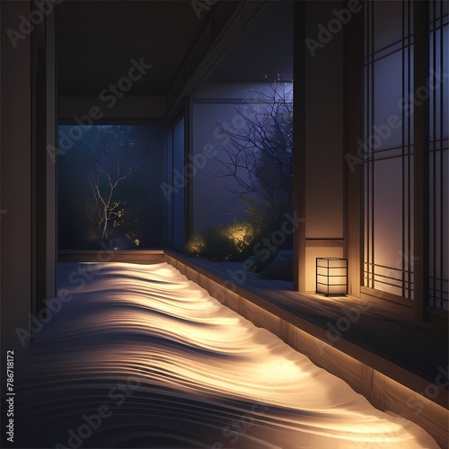 Refined Zen-like Atmosphere in a Traditional Japanese Garden Under the Soft Glow of Lanterns and Torches