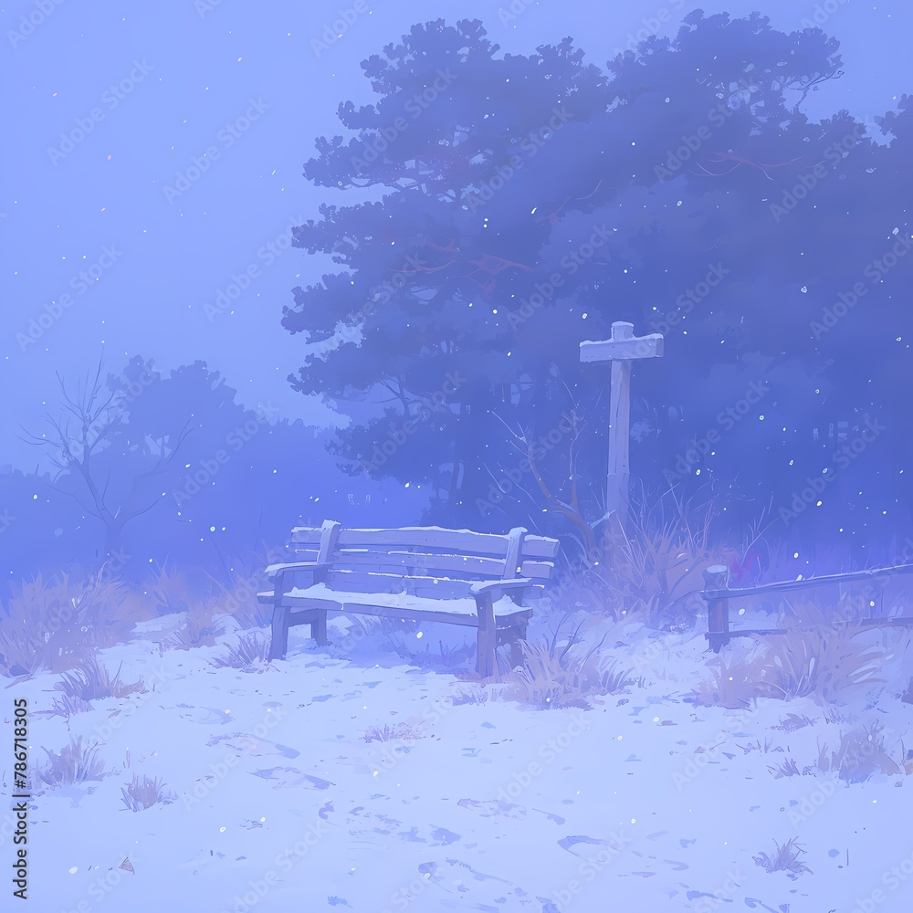 Experience the serene allure of a snow-covered park bench in a winter wonderland. Perfect for evoking cozy warmth and tranquility amidst a chilly landscape.
