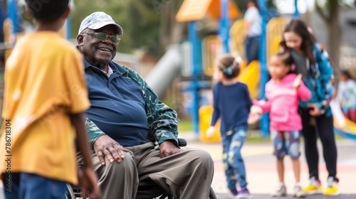 A war veteran sitting in a wheelchair, watching children play happily