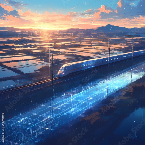 Exciting Journey Ahead: High-Speed Bullet Train Speeding Through Modern Infrastructure photo