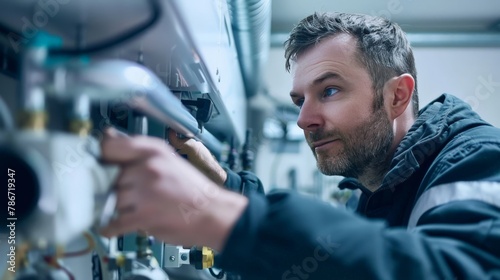 Boiler technician maintaining heating systems in factory