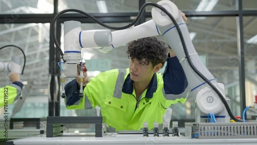 Group of multiethnic engineer researching and developing a robotics arm in scientific technology laboratory. Technician examining Industrial robot machine. Automated and manufacturing factory concepts