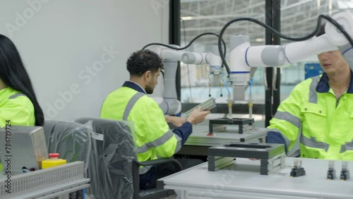 Group of multiethnic engineer researching and developing a robotics arm in scientific technology laboratory. Technician examining Industrial robot machine. Automated and manufacturing factory concepts
