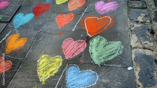 A city sidewalk with chalk drawings of hearts. © Daniel L