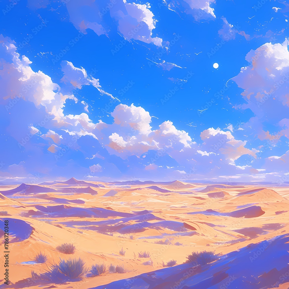 Stunning Panorama of a Sun-Kissed Sand Dune with Sparse Vegetation Under the Blue Sky with a Soft Haze