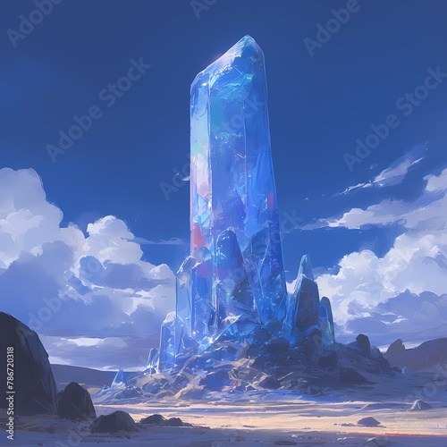 Translucent Crystal Tower in a Desert Sky: A Stunning Digital Illustration for Epic Game Worlds or Fantasy Artwork.