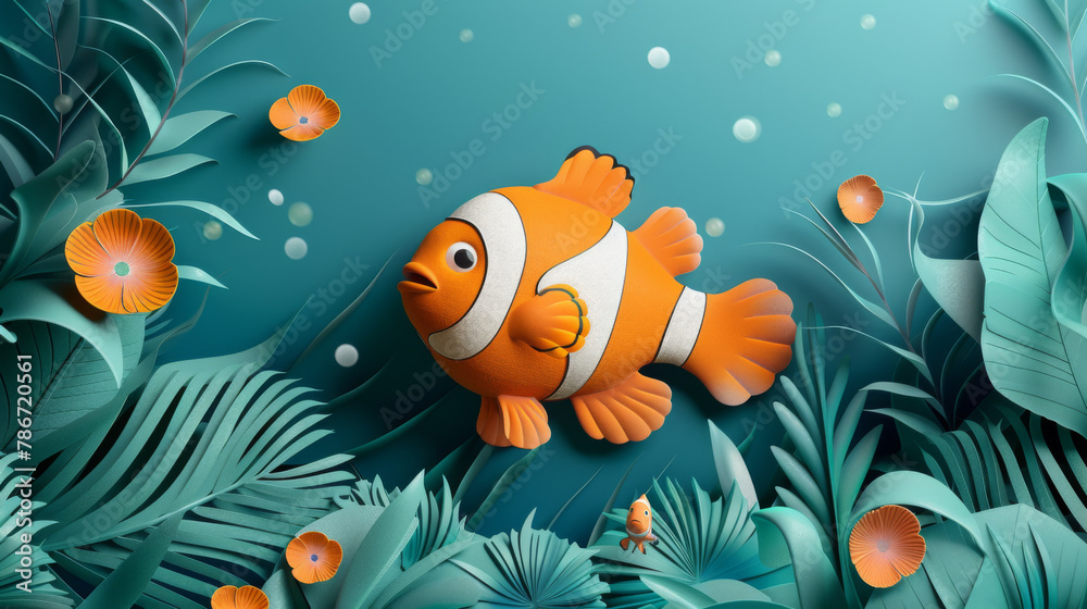 A cheerful, orange clownfish illustration amongst teal underwater plants.
