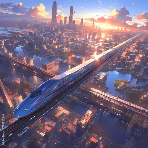 The Ancient Silk Road Meets Modern Transportation - A High-Speed Train in a Futuristic Cityscape