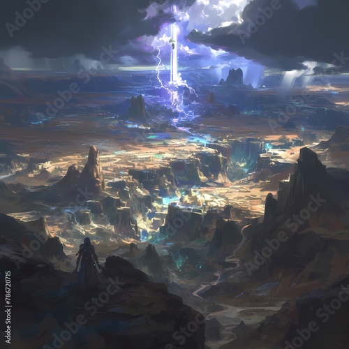 Breathtaking Exotic Scenery with Lightning Storm and Enchanted City - Perfect for Epic Music Videos, Game Art, or Movie Posters.