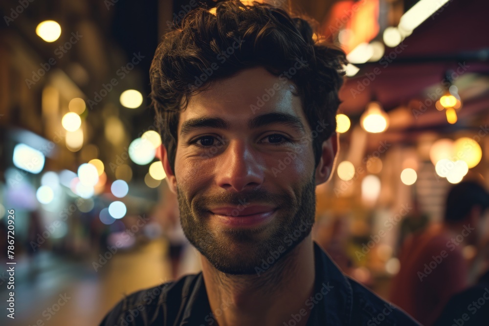 Portrait of a handsome young man at night in a city. Portrait of a handsome young man at night in a city.