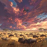 A breathtaking scene from the Serengeti: The majestic wildebeest migration against a stunning sunset sky.