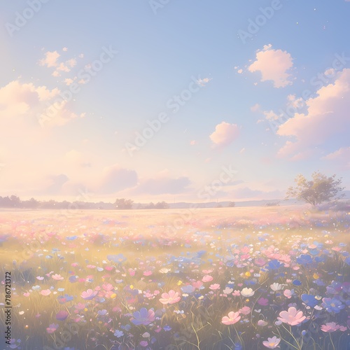 A Captivating Seascape with Soft Pastel Colors and a Serene Meadow Blooming with Flowers
