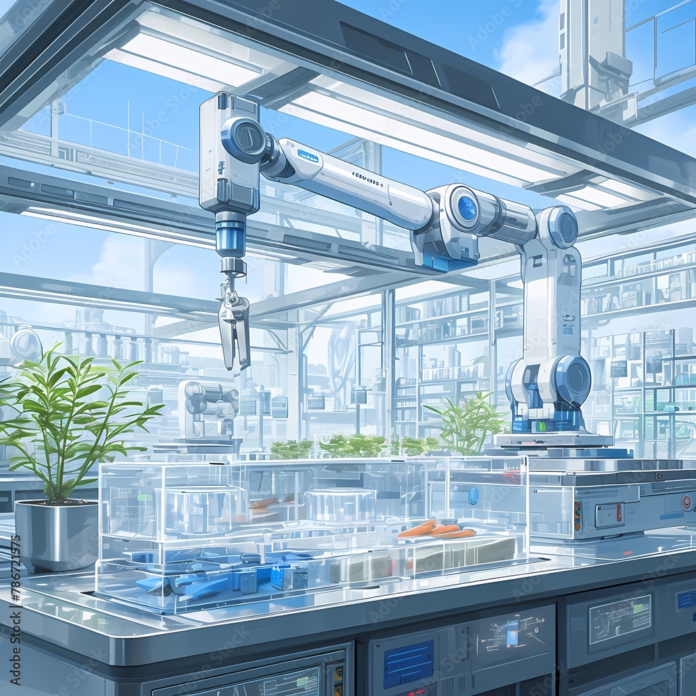 Advanced Biotech Facility with High-Tech Automation, Robotics, and Sustainable Growth Environment.