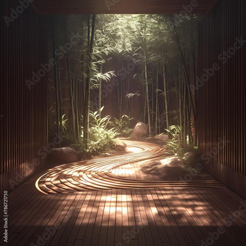 A serene indoor zen garden with a curved wooden walkway, surrounded by lush bamboo and peaceful atmosphere. photo
