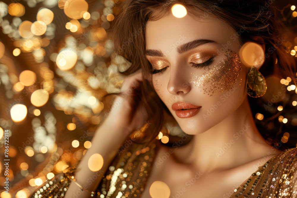 Woman with brown hair in golden dress. Festive gold glitter vibes, luxury and premium street syle photography for advertising product design. Fashion beautiful Woman with brown hair in golden dress. Festive gold glitter vibes, luxury and premium street syle photography for advertising product design. Fashion beautiful