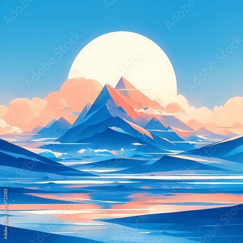 Pink and Blue Hued Abstract Geometric Mountainous Landscape with a Stunning Lunar Display