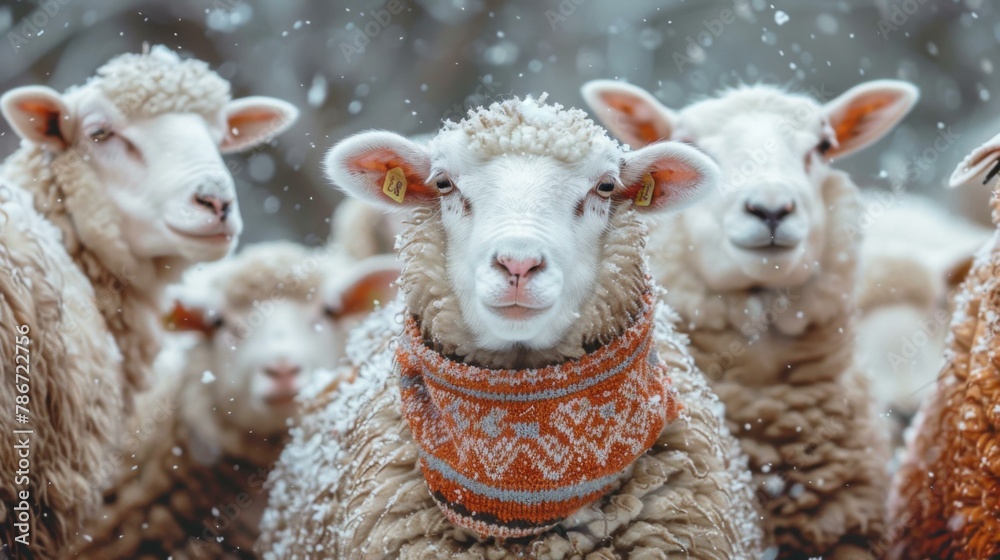 Obraz premium A group of sheep wearing scarves and standing in the snow. Generative AI.