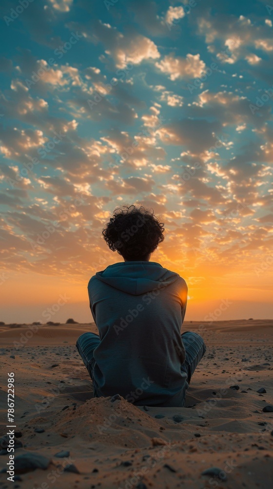 A person sitting on the sand at sunset with a cloud in front of them. Generative AI. A person sitting on the sand at sunset with a cloud in front of them. Generative AI.