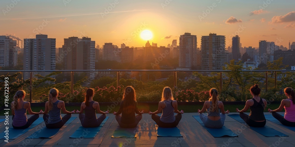 A group of women doing yoga on a rooftop overlooking the city. Generative AI.