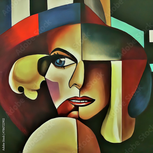 Cubist abstract portrait of an imaginary Hollywood star, her nose skewed, looking apprehensively to one side over her shoulder