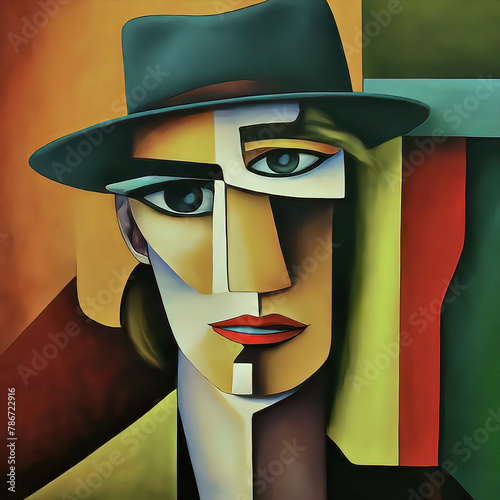 Abstract portrait of an androgynous actor in modern cubist fashion, with a pedestal for a neck